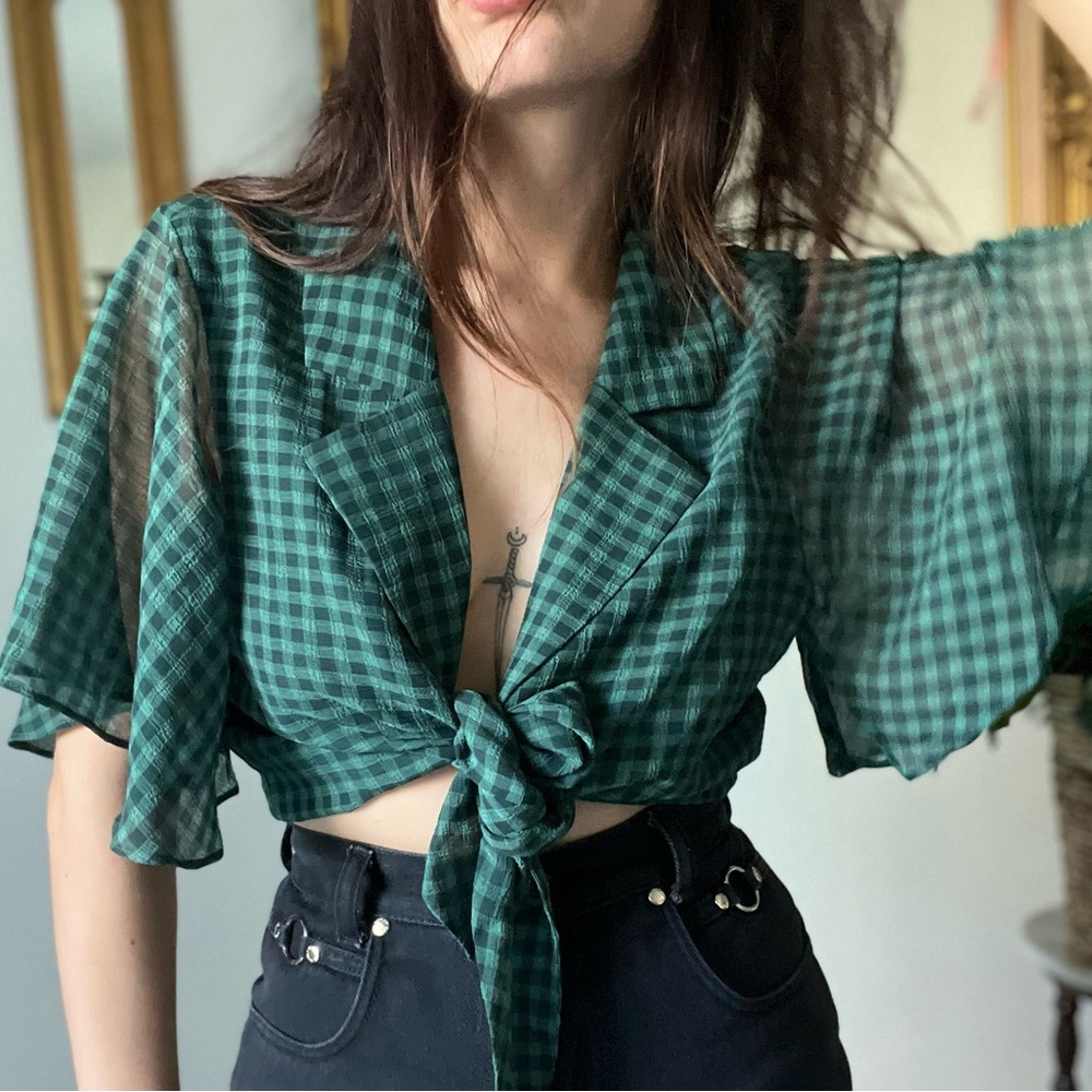 Revolve Green Plaid Cropped Top Sz L